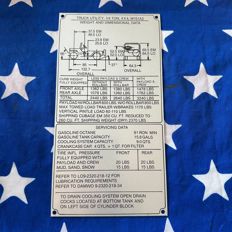 NOS M151A2 ROPS Data Plate